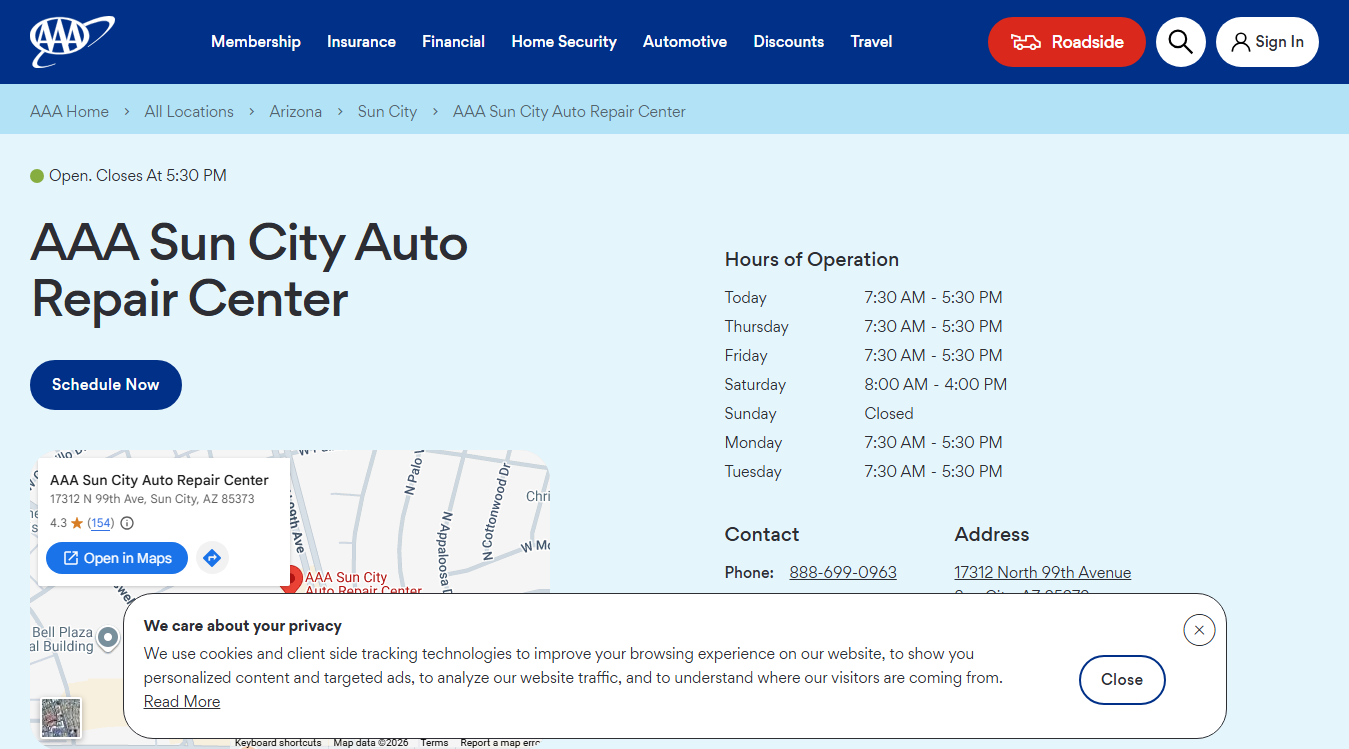 Website screenshot for AAA Sun City Auto Repair Center