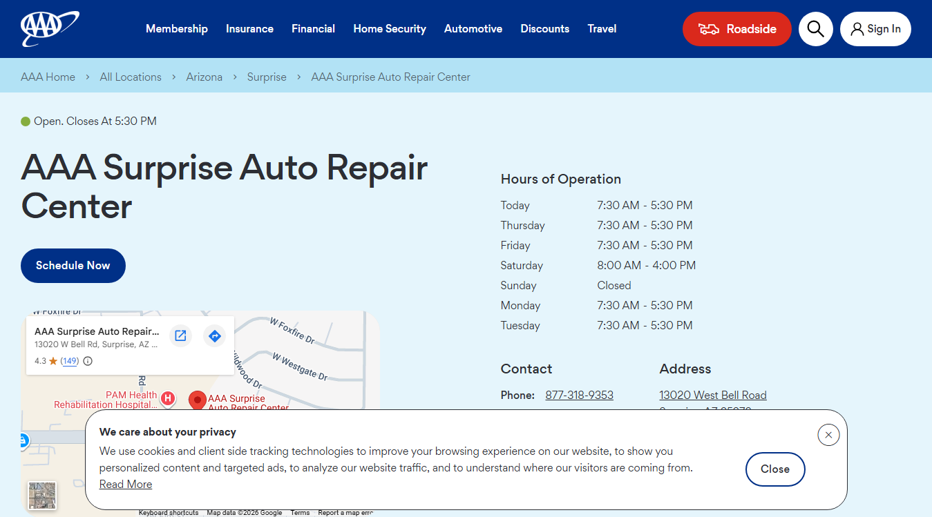 Website screenshot for AAA Surprise Auto Repair Center