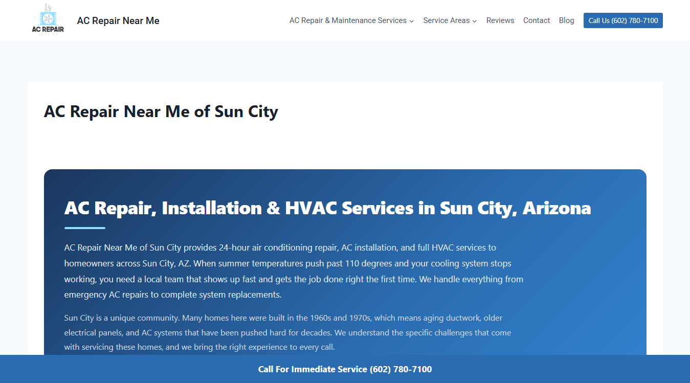 Website screenshot for AC Repair Near Me of Sun City