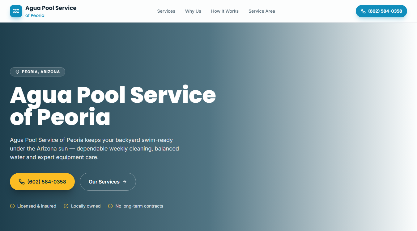Website screenshot for Agua Pool Service of Peoria