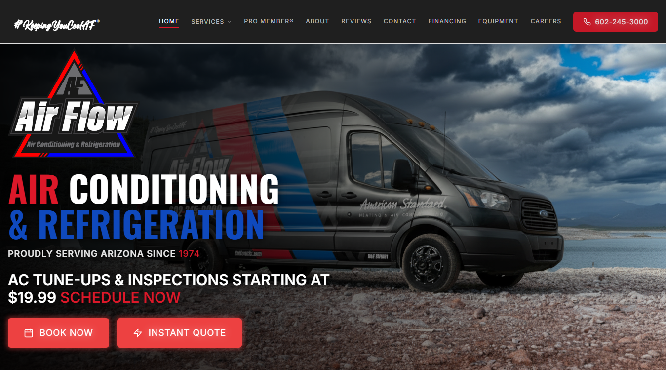 Website screenshot for Air Flow Air Conditioning & Refrigeration