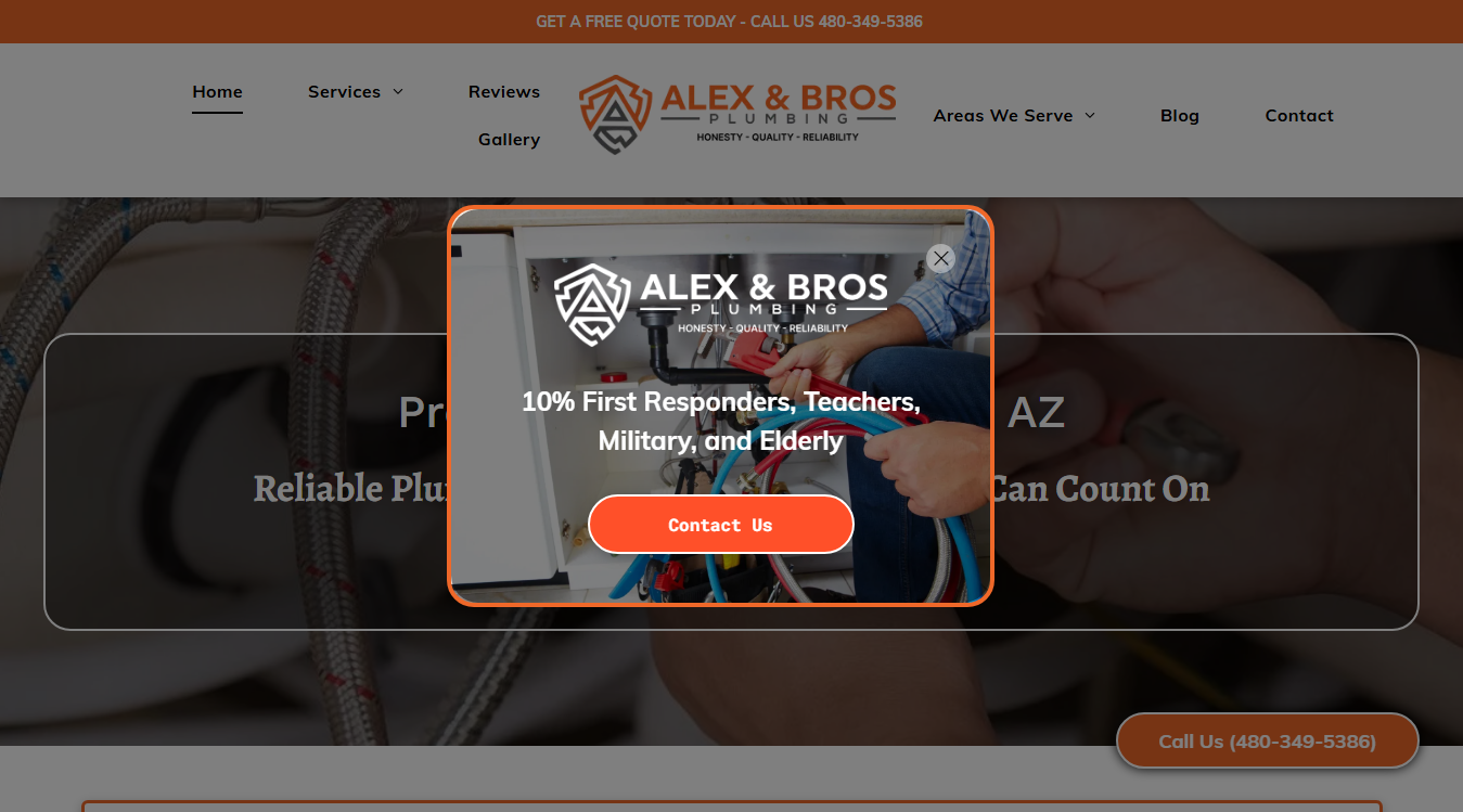 Website screenshot for Alex & Bros Plumbing