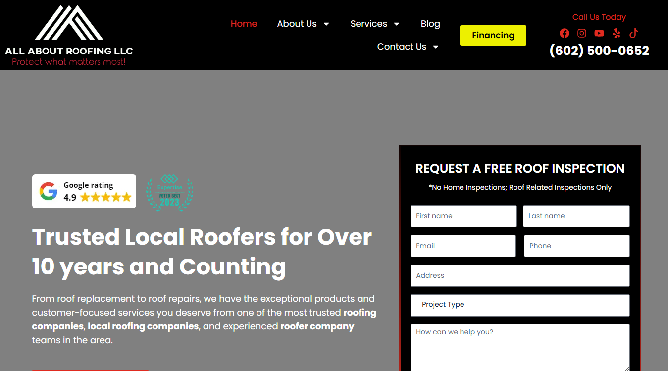 Website screenshot for All About Roofing LLC