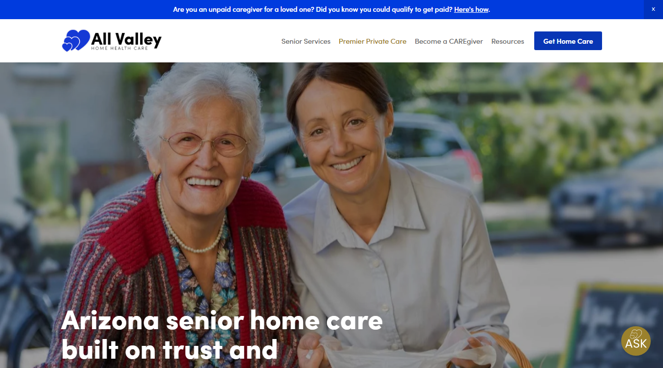 Website screenshot for All Valley Home Health Care & Nursing