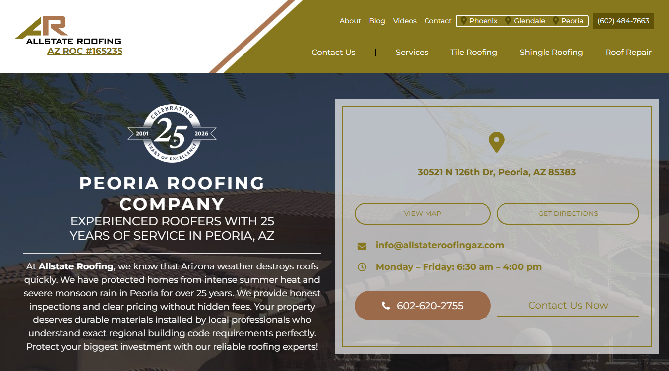 Website screenshot for Allstate Roofing Inc.