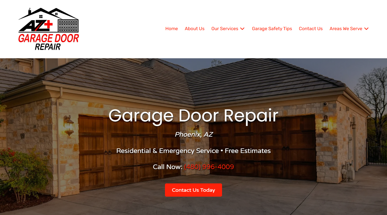 Website screenshot for AZ+ Garage Door Repair