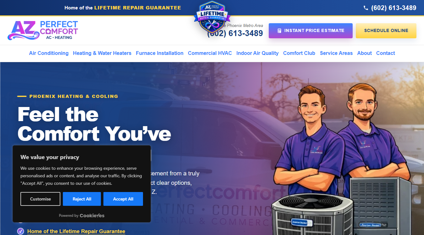 Website screenshot for AZ Perfect Comfort Heating & Cooling