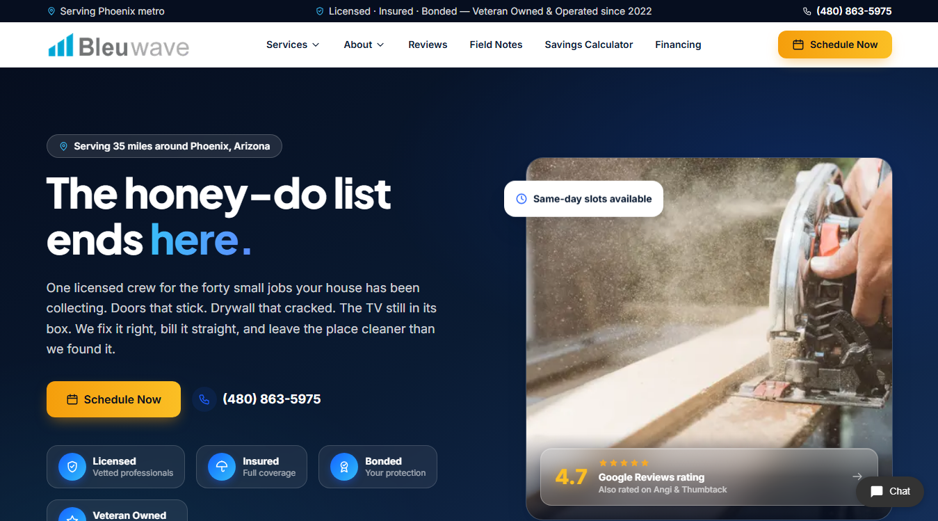 Website screenshot for Bleuwave Handyman