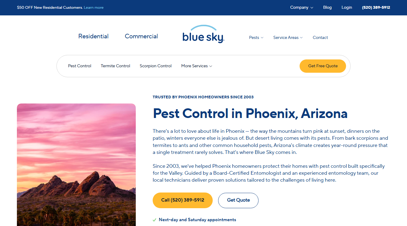 Website screenshot for Blue Sky Pest Control