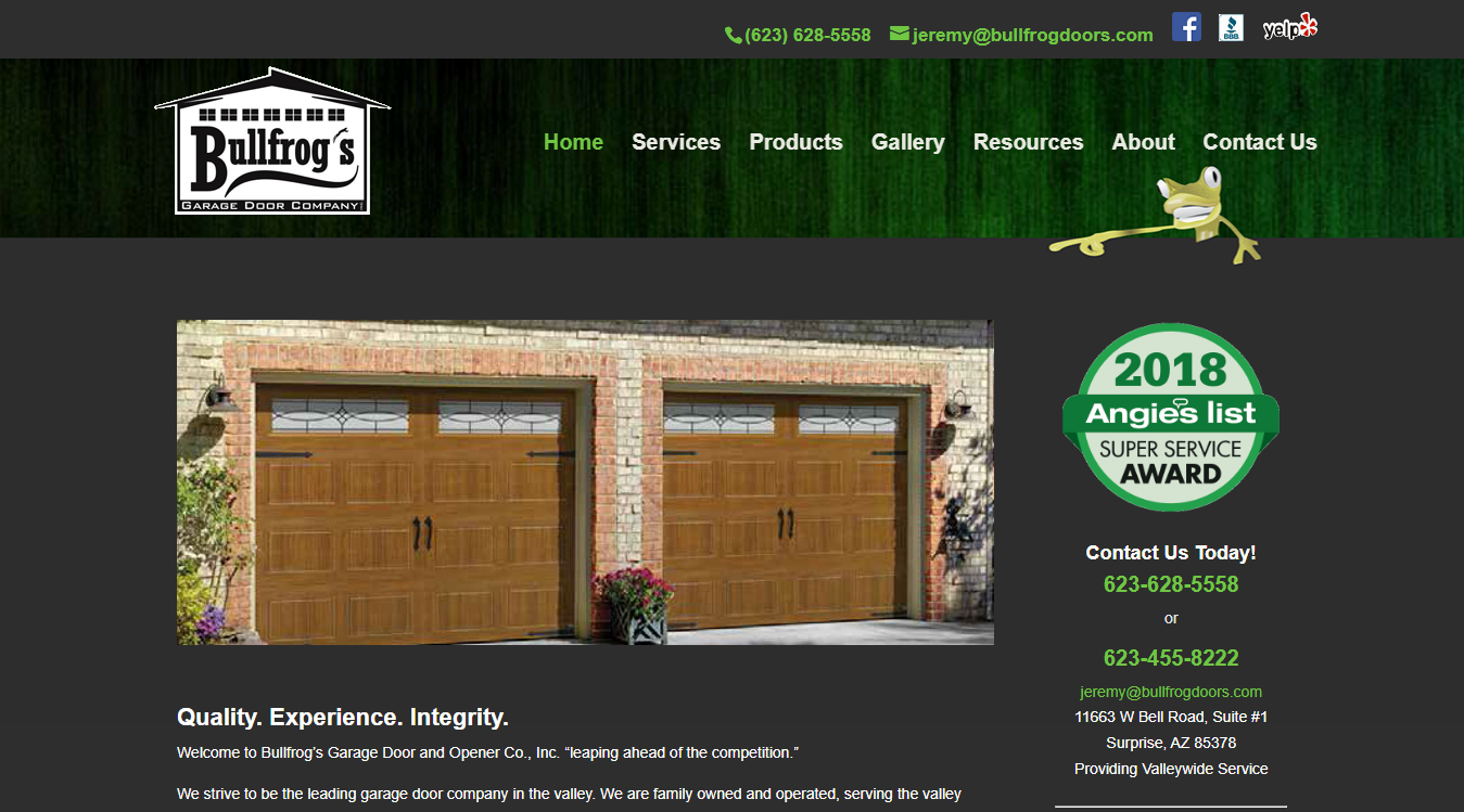 Website screenshot for Bullfrog's Garage Door Company, Inc.