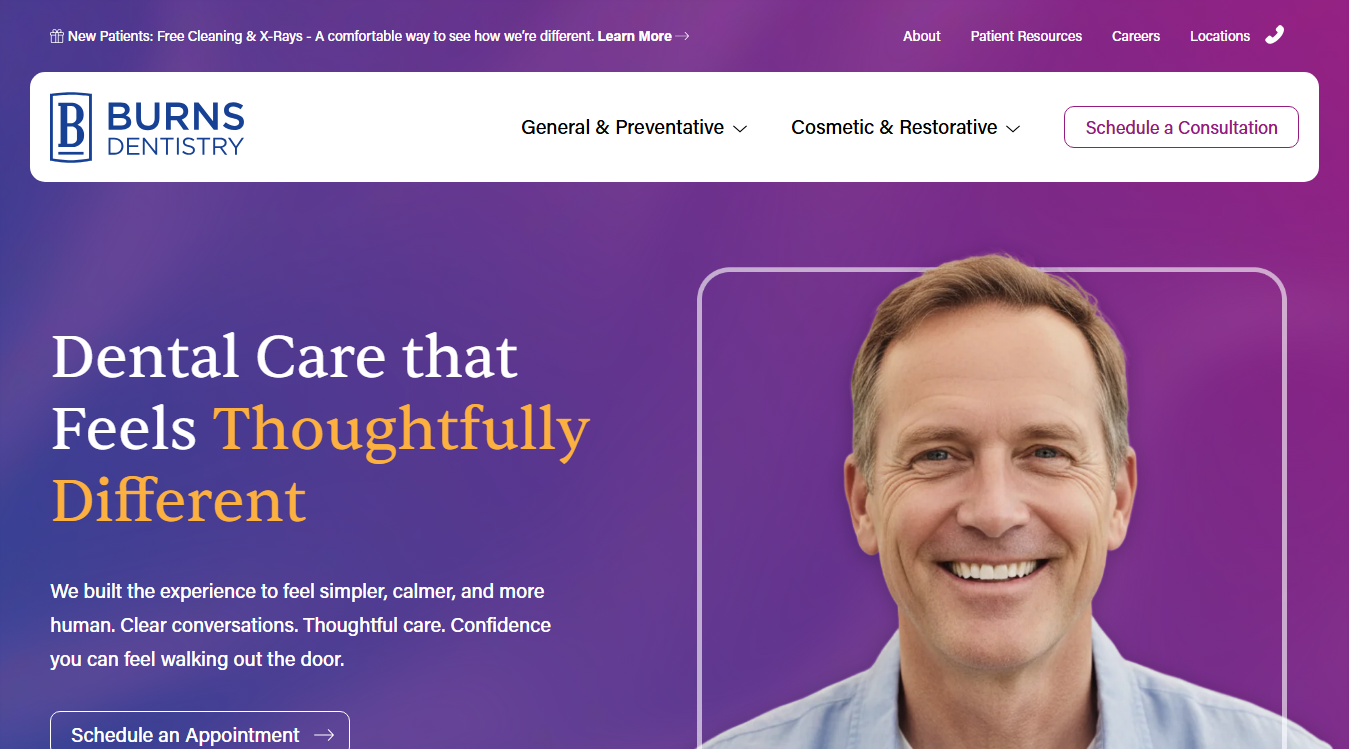 Website screenshot for Burns Dentistry