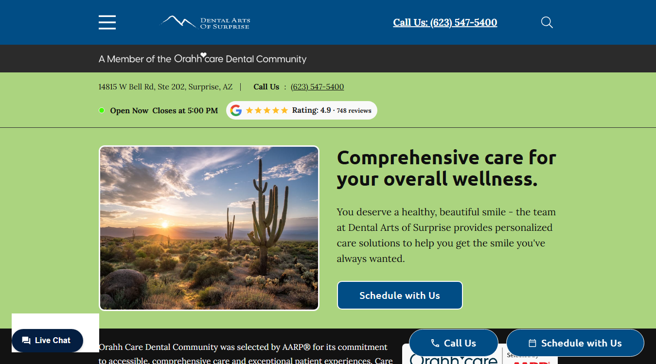 Website screenshot for Dental Arts of Surprise