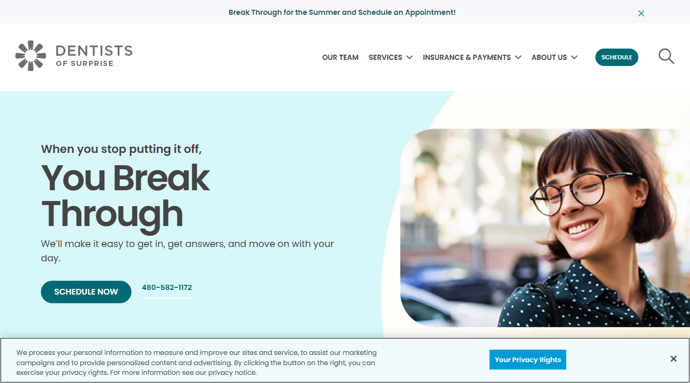Website screenshot for Dentists of Surprise