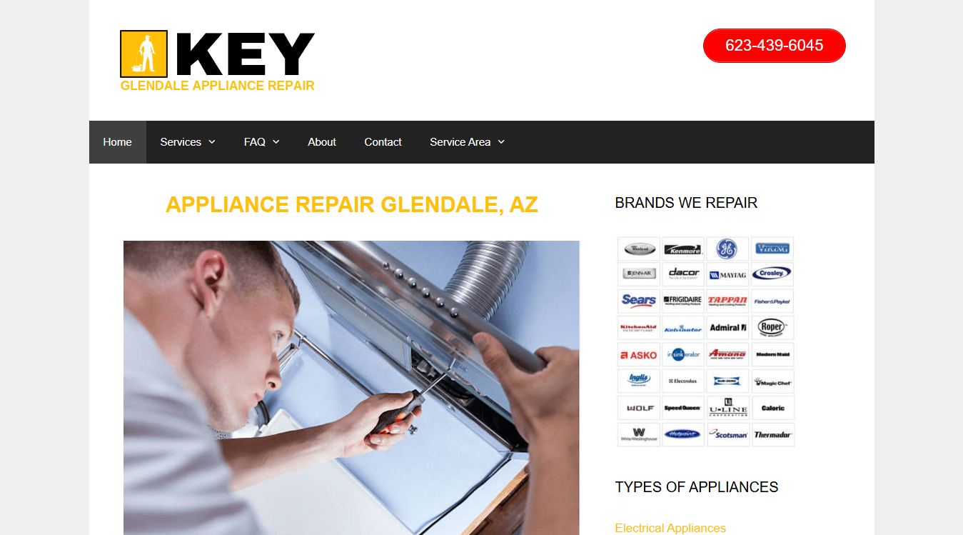 Website screenshot for Key Glendale Appliance Repair