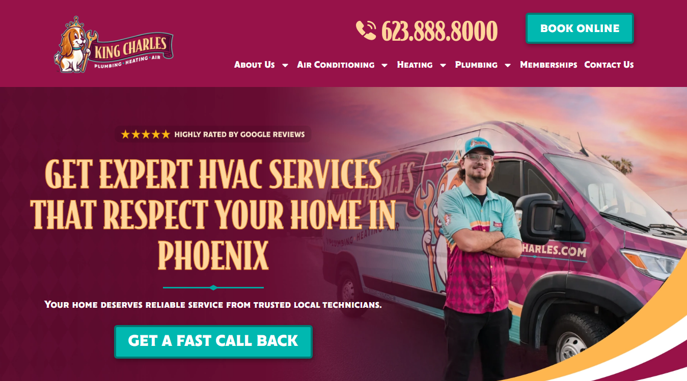 Website screenshot for King Charles Plumbing & Air Conditioning
