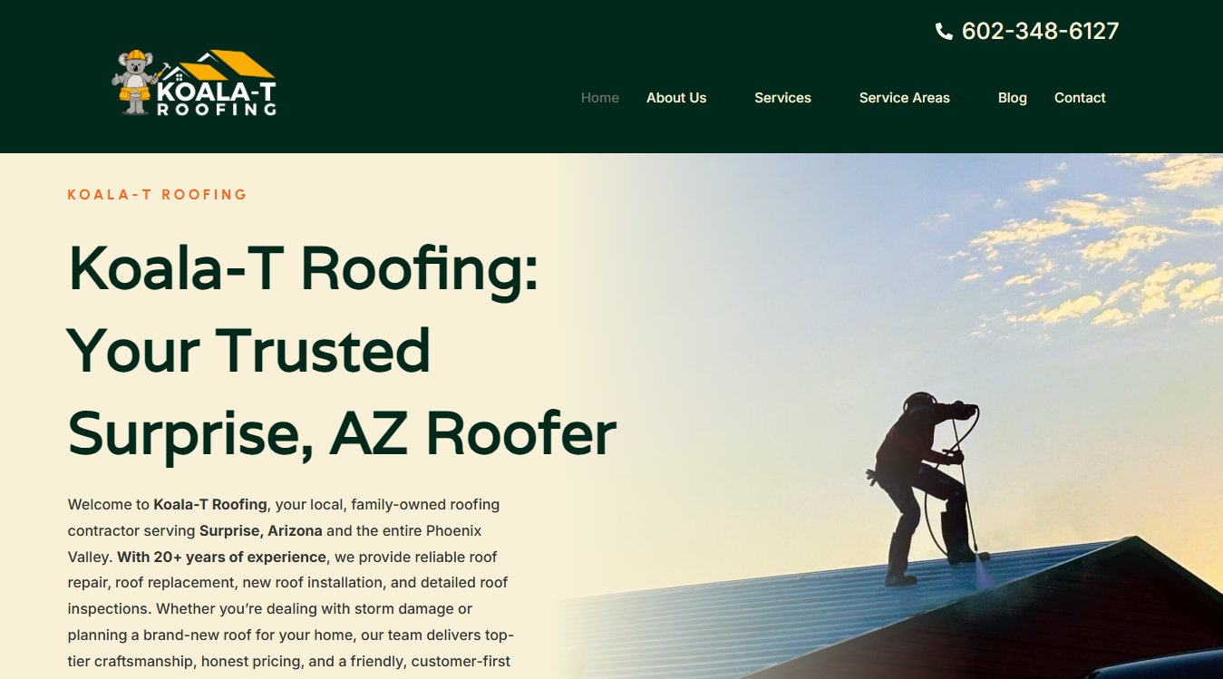 Website screenshot for Koala-T Roofing