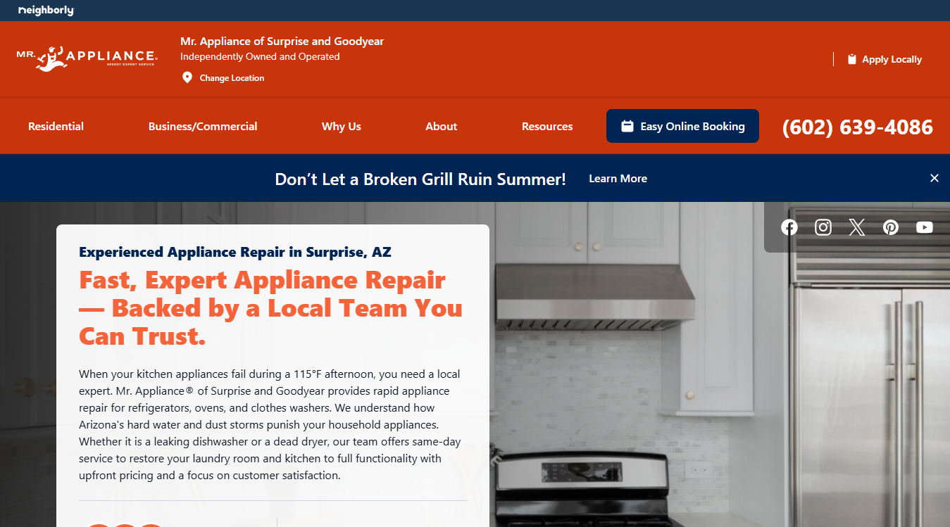 Website screenshot for Mr. Appliance of Surprise and Goodyear
