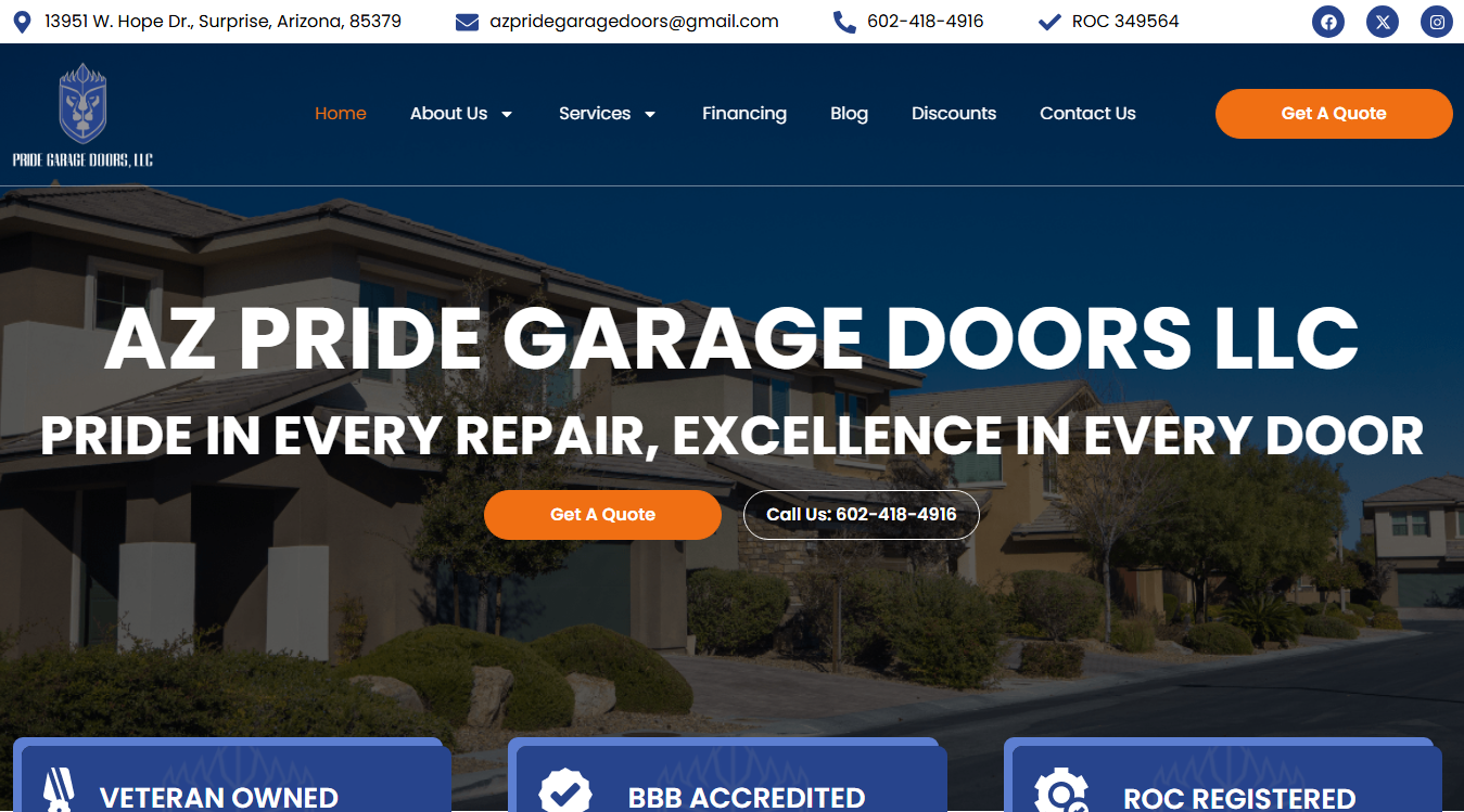 Website screenshot for Pride Garage Doors LLC