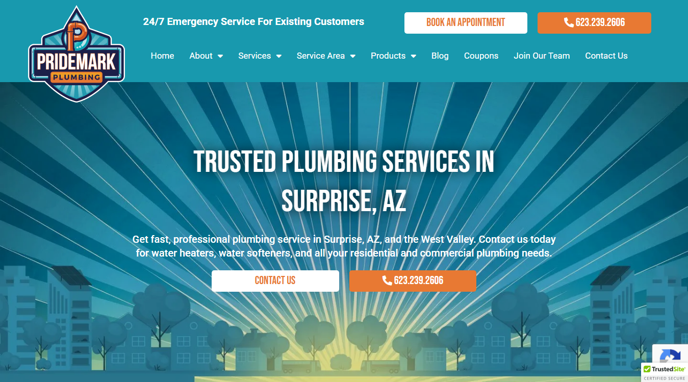 Website screenshot for Pridemark Plumbing