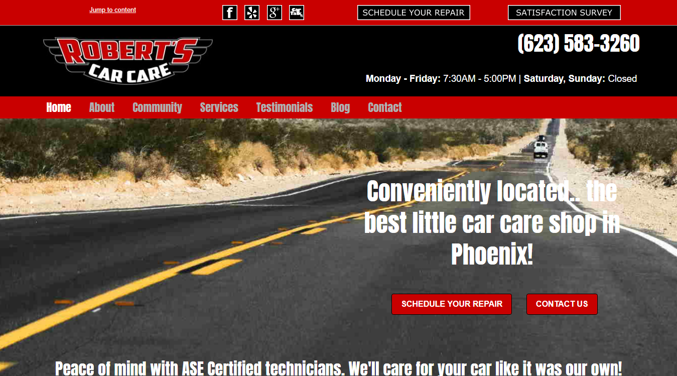 Website screenshot for Robert's Car Care