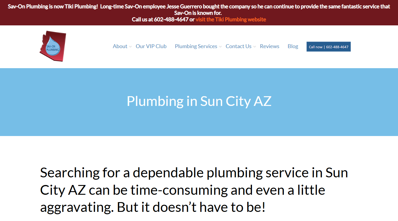 Website screenshot for Sav-On Plumbing - Sun City