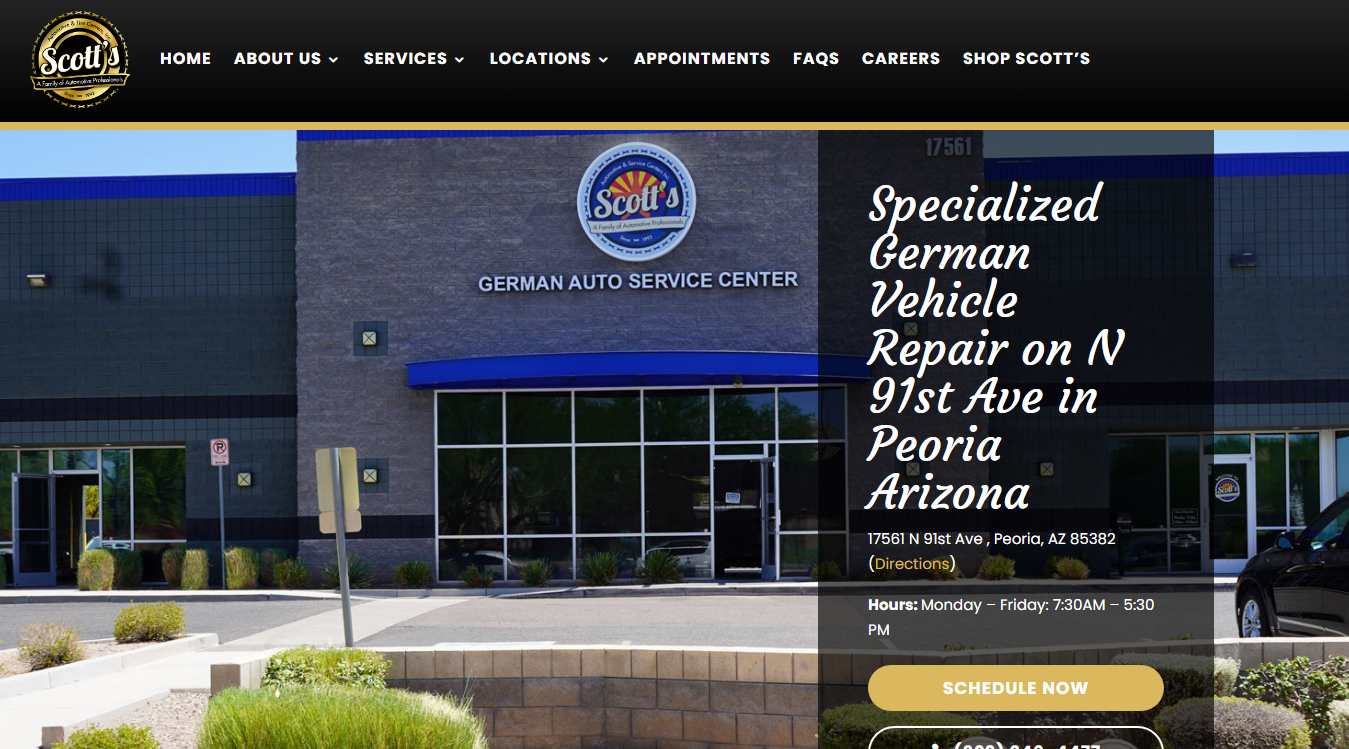 Website screenshot for Scott's German Automotive & Tire of Peoria