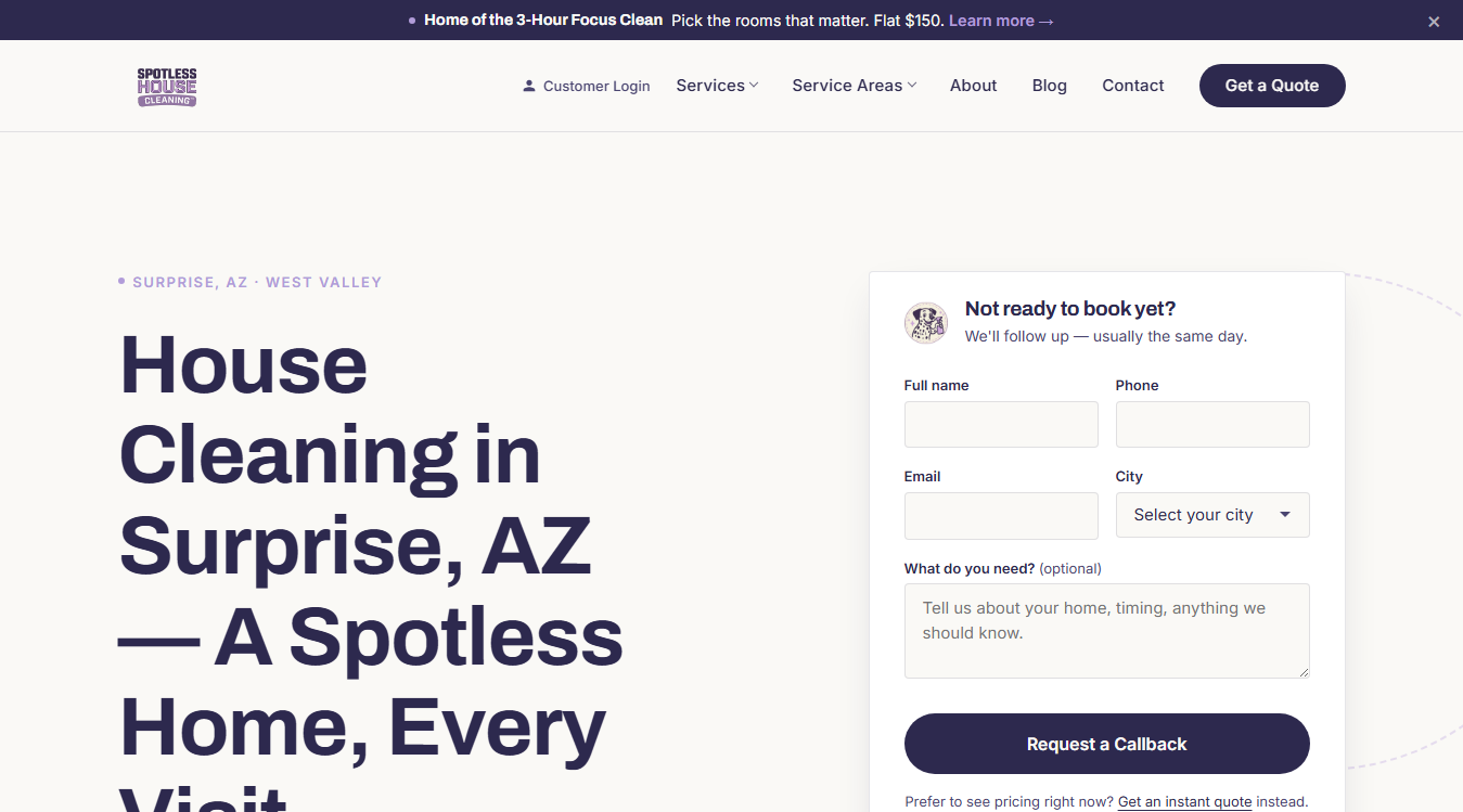 Website screenshot for Spotless House Cleaning