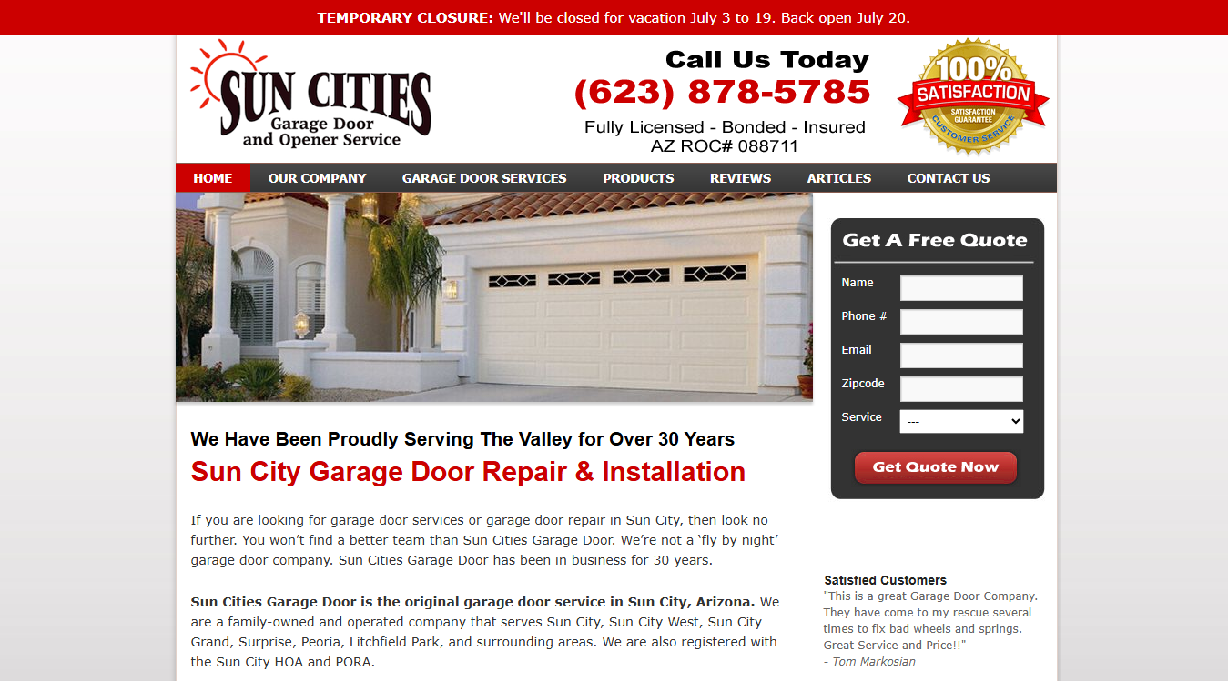 Website screenshot for Sun Cities Garage Door