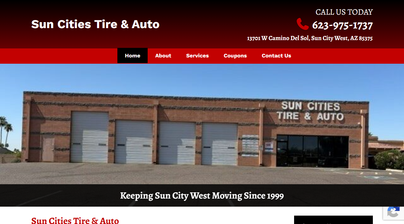 Website screenshot for Sun Cities Tire and Auto