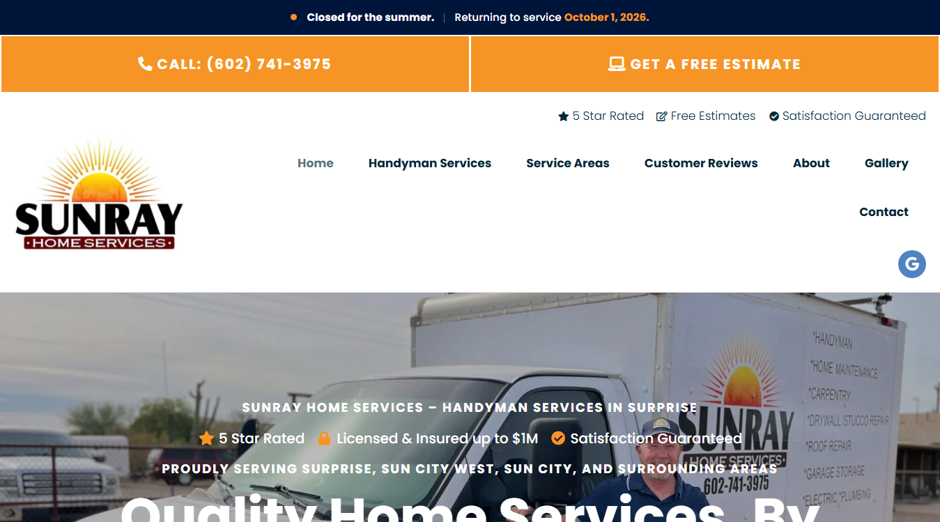 Website screenshot for Sunray Home Services