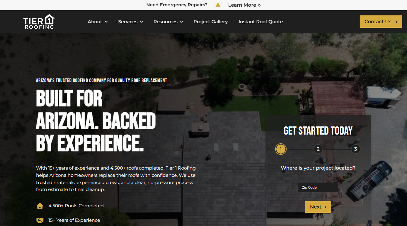 Website screenshot for Tier 1 Roofing