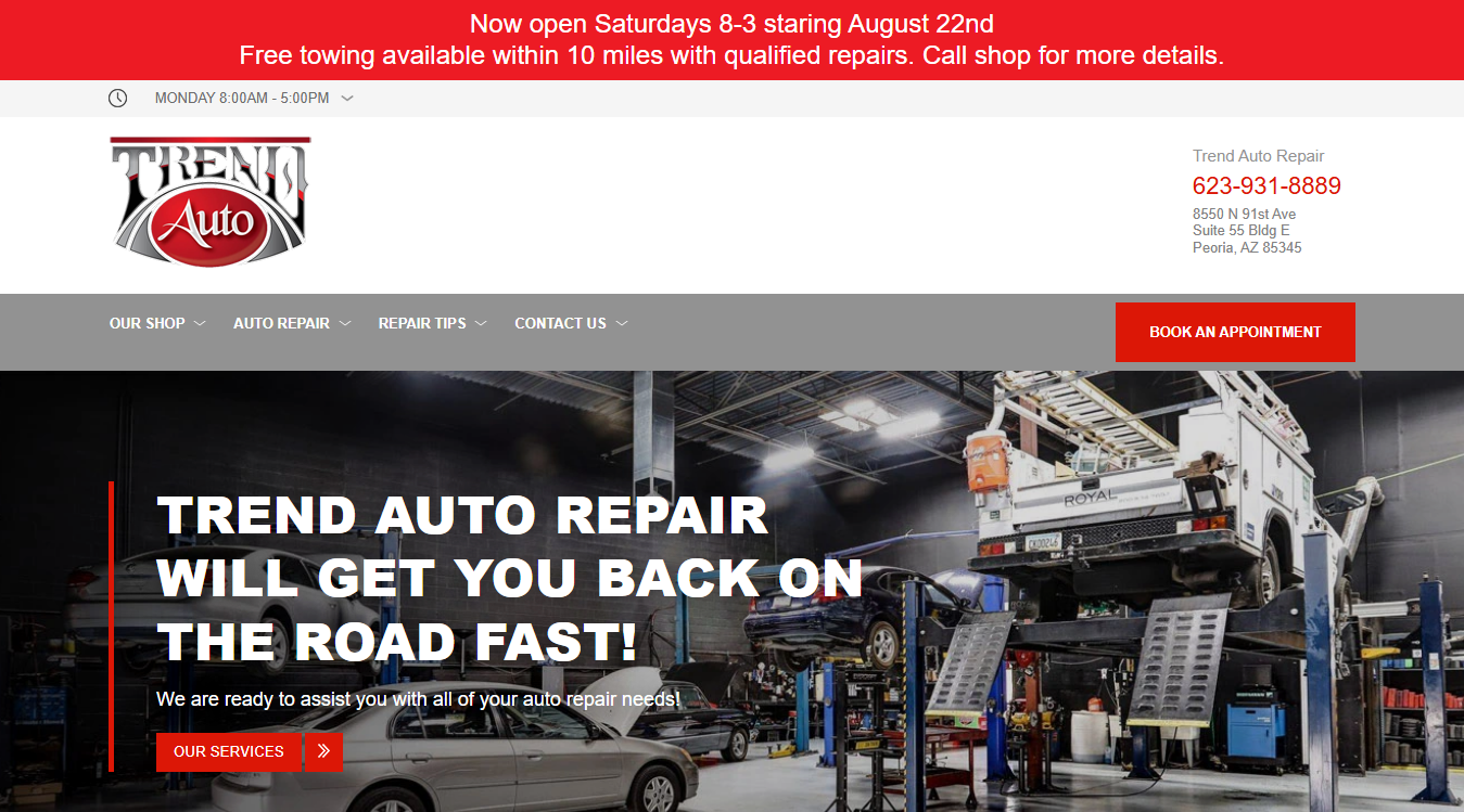 Website screenshot for Trend Auto Repair